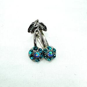 Vintage Silver Tone and Blue Rhinestone Crystal Cherries Hairclip Clip Barrette